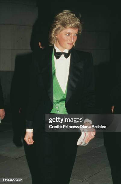 Diana, Princess of Wales attends a charity greyhound racing event at Wembley Stadium in London, UK, 20th April 1988. She is wearing a green Hackett...