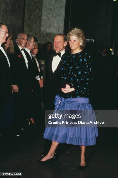 Diana, Princess of Wales wearing a dress by Jacques Azagury to a ballet at the Barbican Centre in London, January 1988.