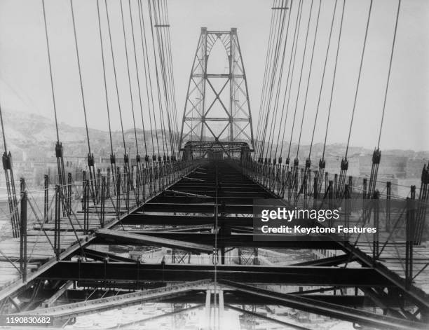 The top of the Marseille Transporter Bridge in the Old Port of Marseille, France, circa 1930. Designed by engineer Ferdinand Arnodin, it was...