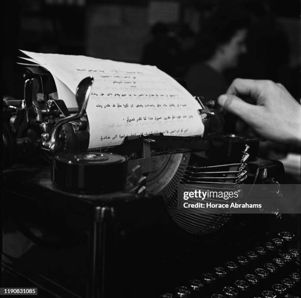 An Arabic typewriter at 'Radio Babeltown', a BBC radio station broadcasting in various languages during World War II, March 1941.