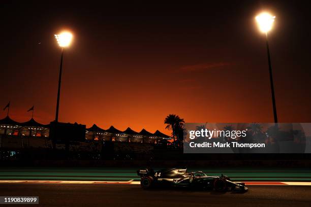Lewis Hamilton of Great Britain driving the Mercedes AMG Petronas F1 Team Mercedes W10 on track during practice for the F1 Grand Prix of Abu Dhabi at...