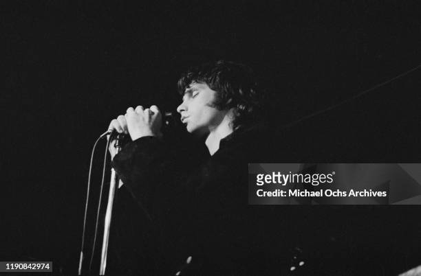 Singer Jim Morrison of American rock band the Doors performing at Steve Paul's The Scene in New York City, circa 1967.