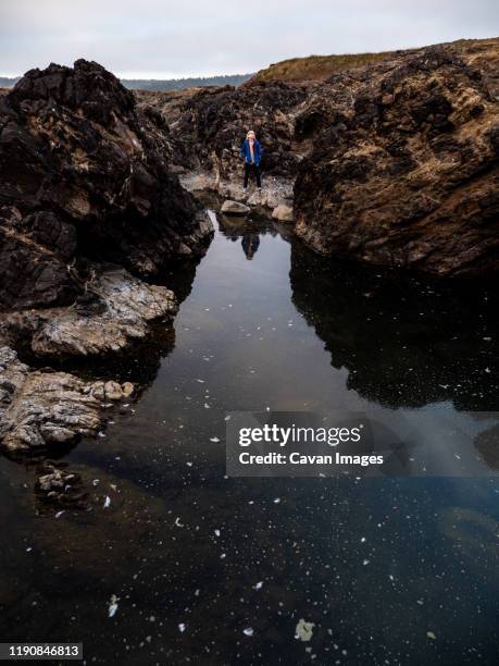 young boy standing by large tide pool on the coast of california - mendocino bildbanksfoton och bilder