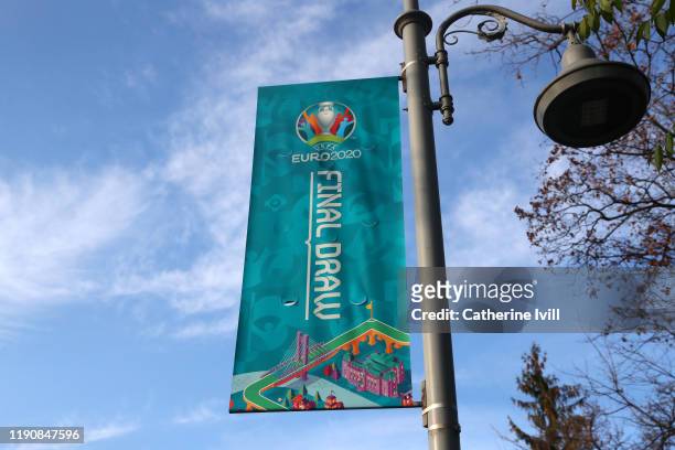 Signage advertising the draw ahead of Saturday's UEFA Euro 2020 Final Draw Ceremony on November 29, 2019 in Bucharest, Romania.