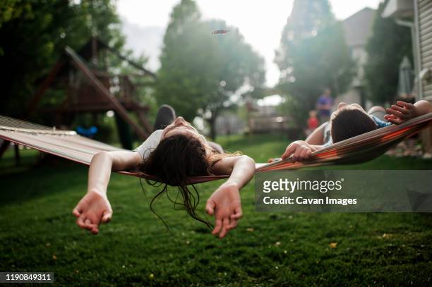 brother and sister relaxing in hammock together in backyard - happy family grass stock-fotos und bilder