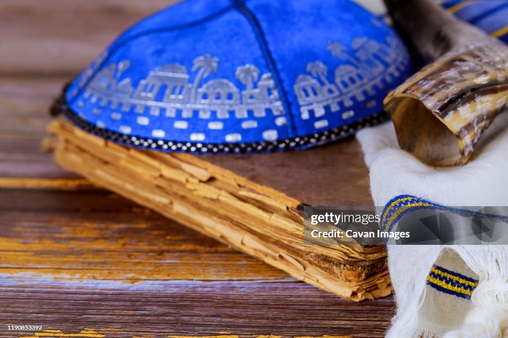 Prayer book, Kippah and Shofar horn jewish religious symbol