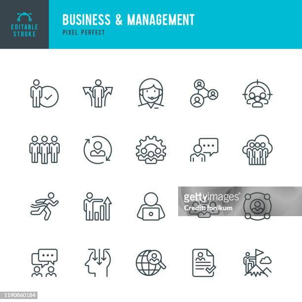 business & management - dünnlinien-vektor-symbol-set. pixel perfekt. bearbeitbarer strich. das set enthält die symbole personen, personal, teamarbeit, support, lebenslauf, auswahl. - organised group stock-grafiken, -clipart, -cartoons und -symbole