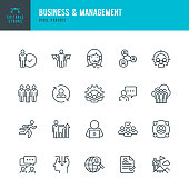 Business & Management - thin line vector icon set. Pixel perfect. Editable stroke. The set contains icons People, Human Resources, Teamwork, Support, Resume, Choice.