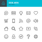Social Media - thin line vector icon set. Pixel perfect. Editable stroke. The set contains icons Shopping Cart, Home,  Check Mark, E-Mail, Globe, Lock, Question Mark, Magnifier,  Message.