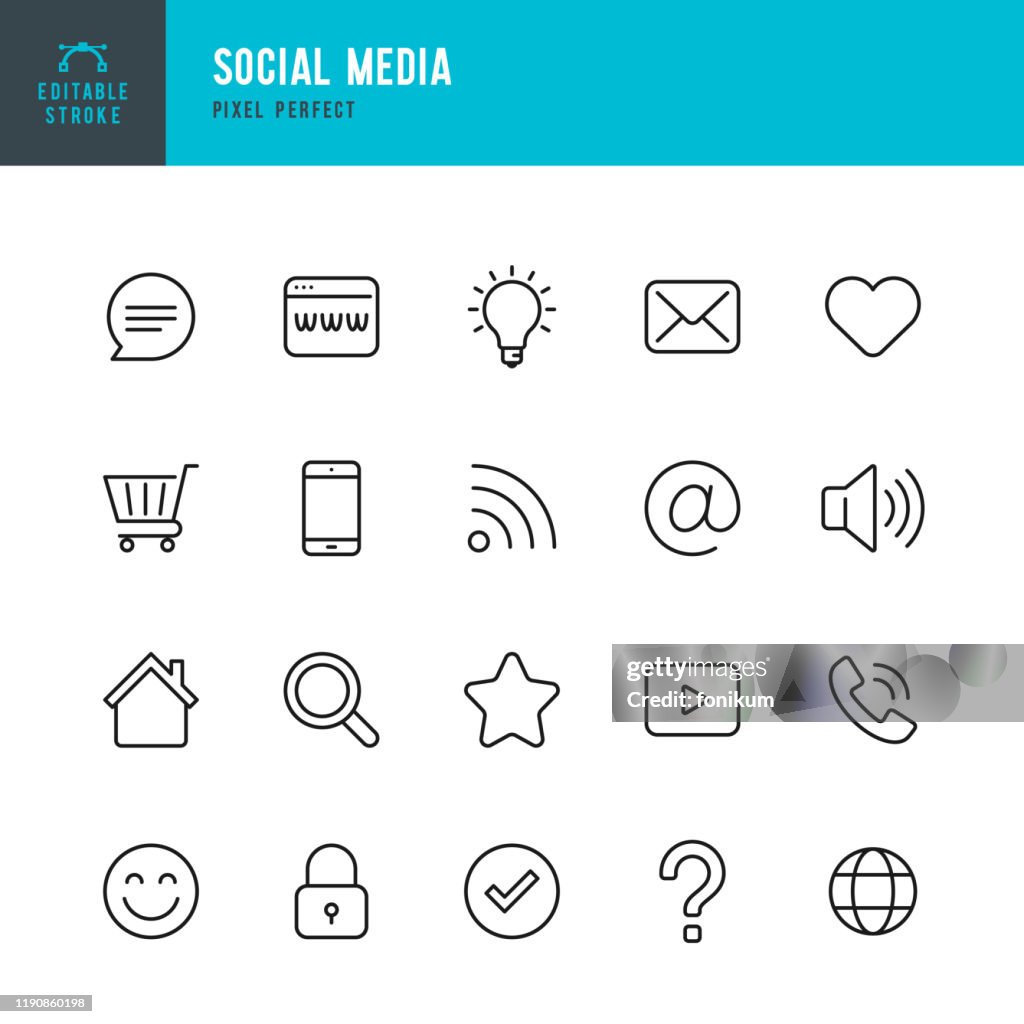Social Media - thin line vector icon set. Pixel perfect. Editable stroke. The set contains icons Shopping Cart, Home,  Check Mark, E-Mail, Globe, Lock, Question Mark, Magnifier,  Message.