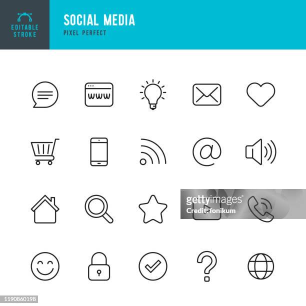 social media - thin line vector icon set. pixel perfect. editable stroke. the set contains icons shopping cart, home,  check mark, e-mail, globe, lock, question mark, magnifier,  message. - internetseite stock illustrations