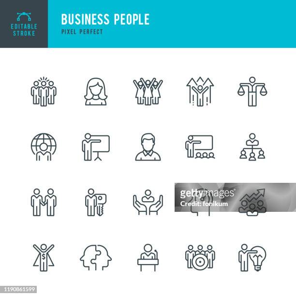 business people - thin linear vector icon set. pixel perfect. editable stroke. pixel perfect. the set contains icons: people, teamwork, partnership, presentation, leadership, growth, manager. - women stock illustrations