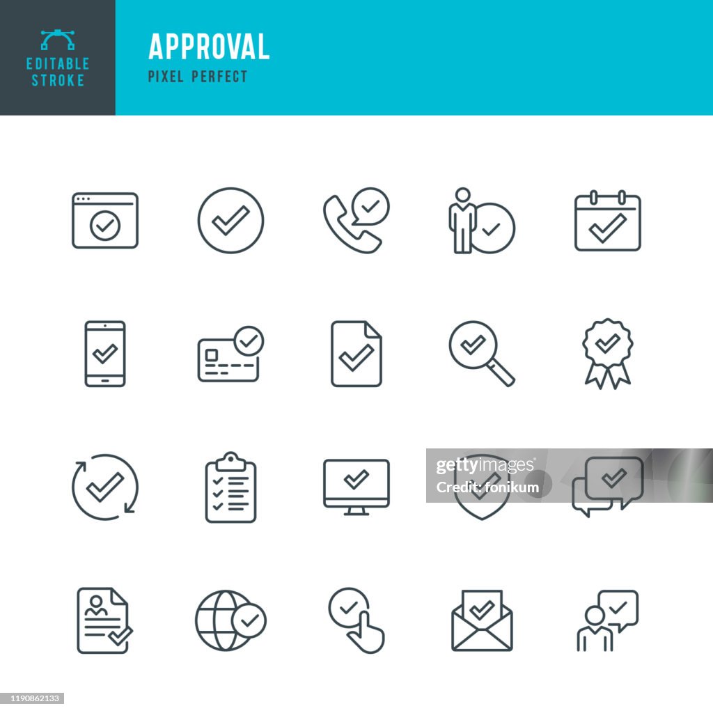 Aprobación - conjunto de iconos vectoriales de línea delgada. Píxel perfecto. Trazo editable. El conjunto contiene iconos Signo de aprobación, Actualización del acuerdo, Protegido, Marca de verificación.