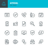 Approval - thin line vector icon set. Pixel perfect. Editable stroke. The set contains icons Approval sign, Agreement update, Protected, Check Mark.