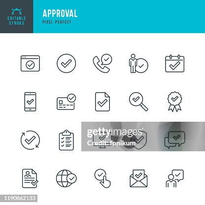 Approval - thin line vector icon set. Pixel perfect. Editable stroke. The set contains icons Approval sign, Agreement update, Protected, Check Mark. Approval - thin line vector icon set. Pixel perfect. Editable stroke. The set contains icons Approval sign, Agreement update, Protected, Check Mark.