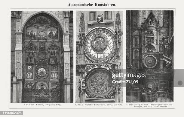 astronomical clocks, wood engravings, published in 1899 - astronomical clock stock illustrations