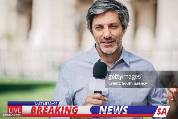 news reporter in live broadcasting - newscaster stock pictures, royalty-free photos & images