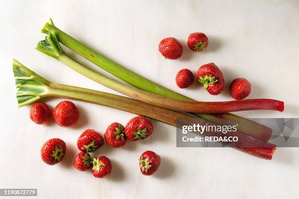Fresh organic garden strawberries and rhubarb stems over white marble background. Flat lay. Space. Ingredients for summer lemonade. Jam or cake.