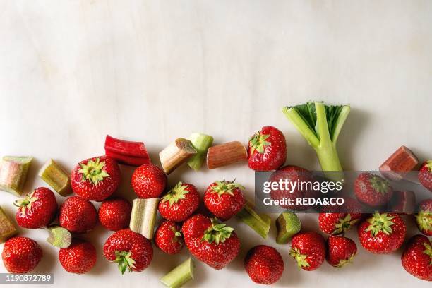 Fresh organic garden strawberries and cutting rhubarb stems in row over white marble background. Flat lay. Space. Ingredients for summer lemonade....