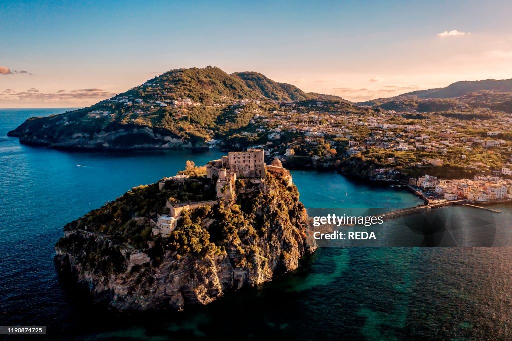 Aerial view. Aragonese Castle. Ischia Porto. Ischia island. Campania. Italy. Europe