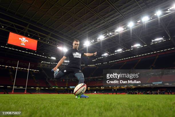 Curwin Bosch of the Barbarians takes a kick at goal during the Barbarians Captain's Run at Principality Stadium on November 29, 2019 in Cardiff,...
