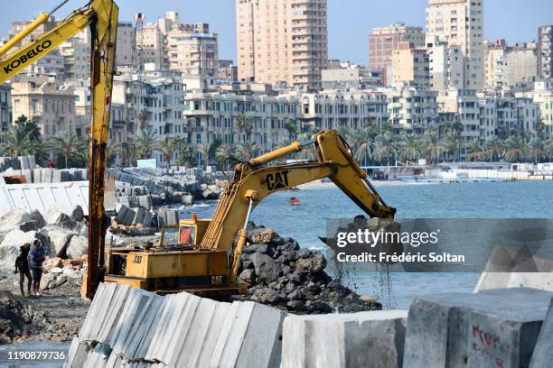 Dam construction on the Corniche in Alexandria on November 23, 2019 in Alexandria, Egypt.