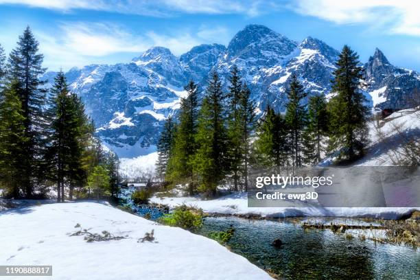 rybi stream flowing out of the morskie oko lake, tatra mountains, poland - tatra mountains stock pictures, royalty-free photos & images