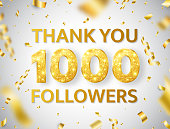 Thank you 1000 followers background with falling gold confetti and glitter numbers. 1k followers celebration banner. Social media concept. Counter notification icons. Vector illustration