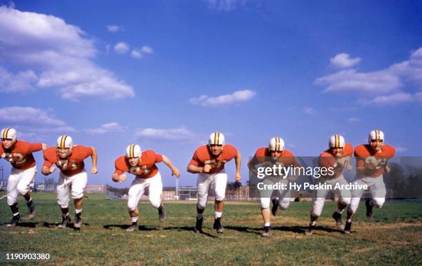 The Maryland Terrapins offensive line end Jim Parsons, tackle Mike Sandusky, guard Ron Athey, center Bob Pellegrini, guard Gene Dyson, tackle Al...