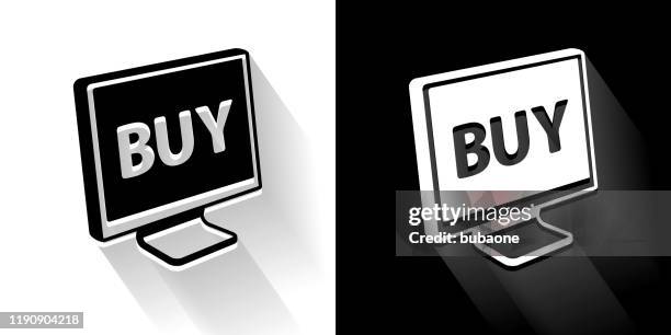 buy sign on computer black and white icon with long shadow - multiple computer screens white background stock illustrations