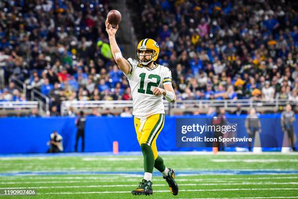 Green Bay Packers quarterback Aaron Rodgers throws on the run during the Detroit Lions versus Green Bay Packers game on Thursday December 29, 2019 at...