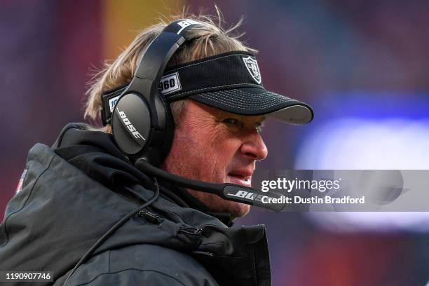 Head coach Jon Gruden of the Oakland Raiders looks on from the sideline during a game against the Denver Broncos at Empower Field at Mile High on...