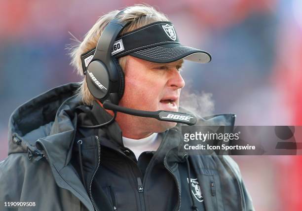 Oakland Raiders Head Coach Jon Gruden during a regular season game between the Denver Broncos and the visiting Oakland Raiders on December 29, 2019...