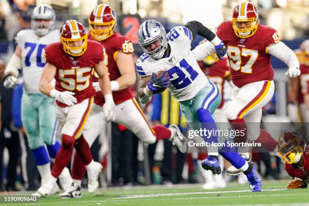 Dallas Cowboys Running Back Ezekiel Elliott rushes for a long touchdown during the NFC East game between the Dallas Cowboys and Washington Redskins...