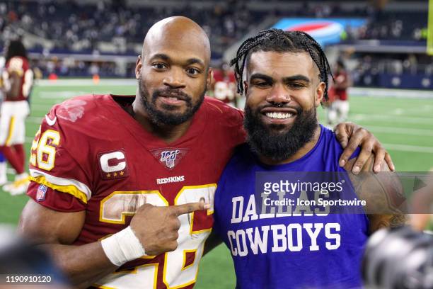 Washington Redskins Running Back Adrian Peterson and Dallas Cowboys Running Back Ezekiel Elliott pose for a picture after the NFC East game between...