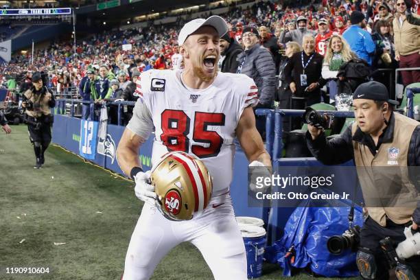 Tight end George Kittle of the San Francisco 49ers heads off the field following the game against the Seattle Seahawks at CenturyLink Field on...