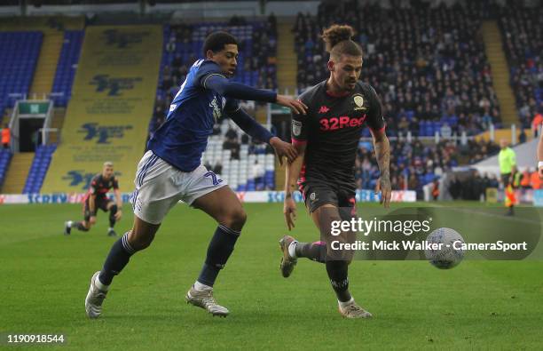 Leeds United's Kalvin Phillips in action with Birmingham City's Jude Bellingham during the Sky Bet Championship match between Birmingham City and...