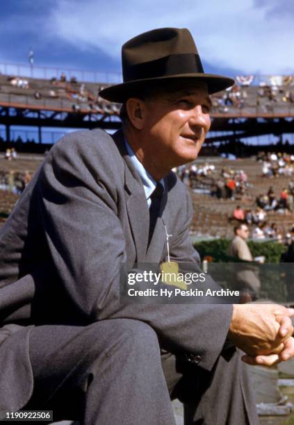 Head coach Bobby Dodd of the Georgia Tech Yellow Jackets sits on sidelines during the 1956 Sugar Bowl Game against the Pittsburgh Panthers on Jauary...
