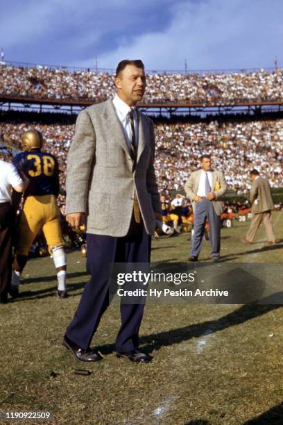 Head coach John Michelosen of the Pittsburgh Panthers stands on the sidelines during the 1956 Sugar Bowl Game against the Georgia Tech Yellow Jackets...