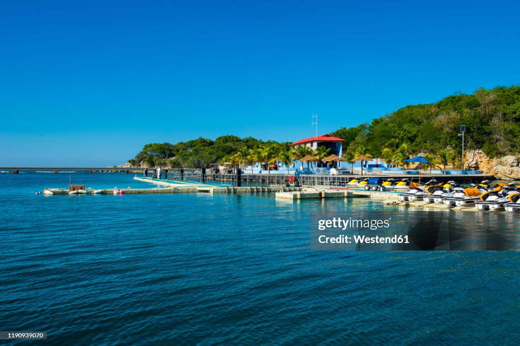 Boats moored at port in Labadee, Haiti, Caribbean