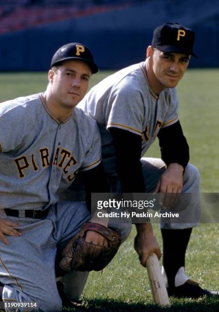 Pitcher Bob Friend and infielder Dale Long of the Pittsburgh Pirates pose for a portrait prior to an MLB game against the Chicago Cubs on May 6, 1956...