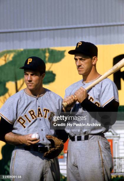 Pitcher Bob Friend and infielder Dale Long of the Pittsburgh Pirates pose for a portrait prior to an MLB game against the Chicago Cubs on May 6, 1956...