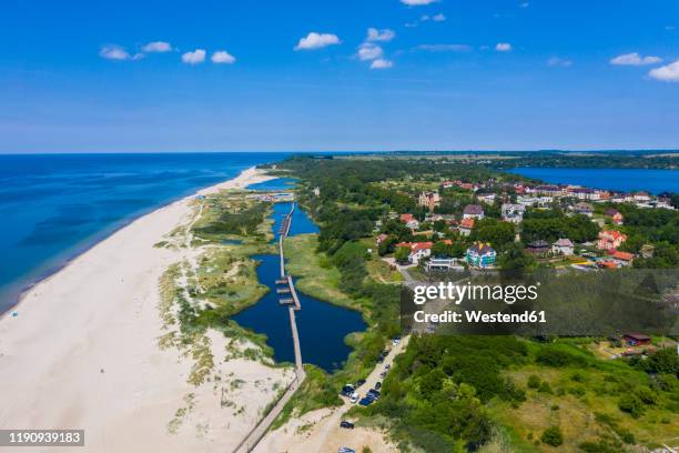 aerial view of lake on coast of yantarny by sea, kaliningrad, russia - kaliningrad stock pictures, royalty-free photos & images