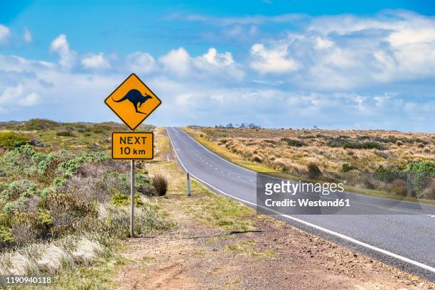 kangaroo crossing sign by great ocean road against sky, victoria, australia - animal crossing sign stockfoto's en -beelden