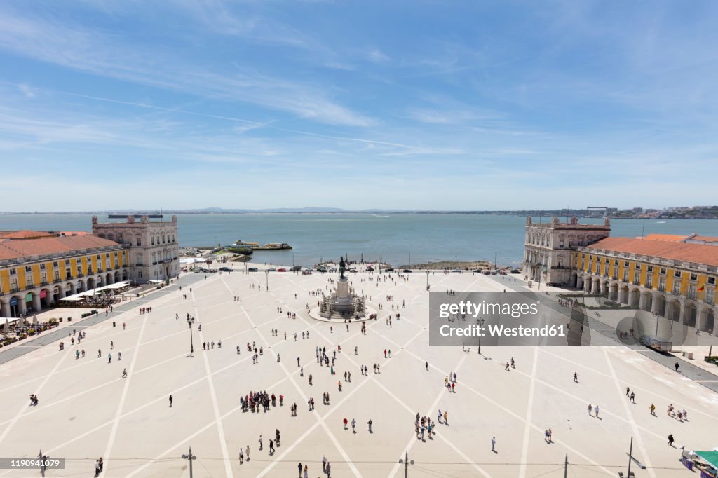 Aerial view of people at Praca do Comrcio against sky, Lisbon, Portugal