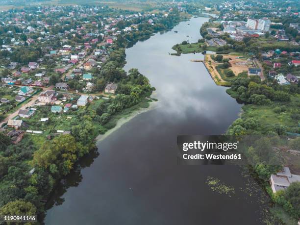 aerial view of volga river amidst land, moscow, russia - volga stock-fotos und bilder