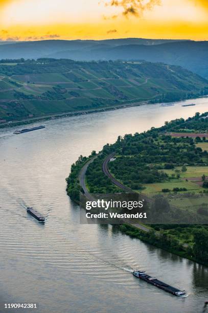 aerial view of cruise ships on rhine river against sky during sunset, germany - europe river cruise stock pictures, royalty-free photos & images