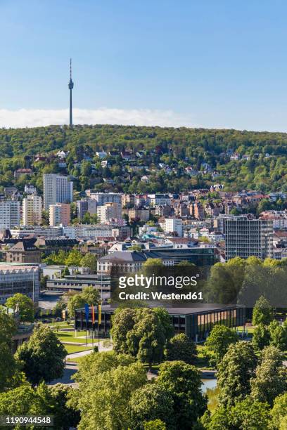 distant view of fernsehturm stuttgart against sky in city, germany - fernsehturm stuttgart stock pictures, royalty-free photos & images