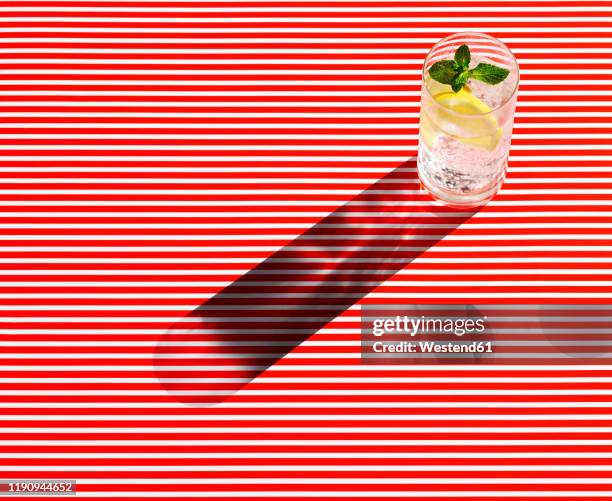 high angle view of gin served on striped table - gin and tonic stockfoto's en -beelden