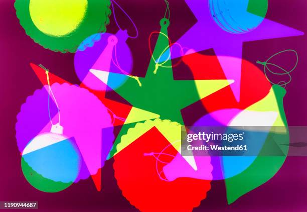 digitally generated image of various christmas decorations on magenta background - christmas tree close up stock illustrations